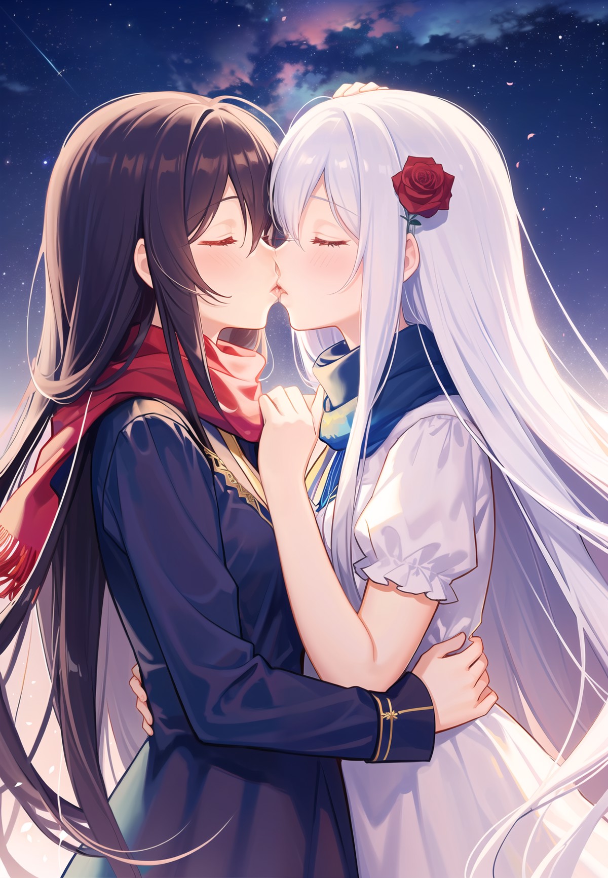multiple girls, 2girls, long hair, scarf, kiss, Twins, the girl on the left has white hair, the girl on the right has blac...